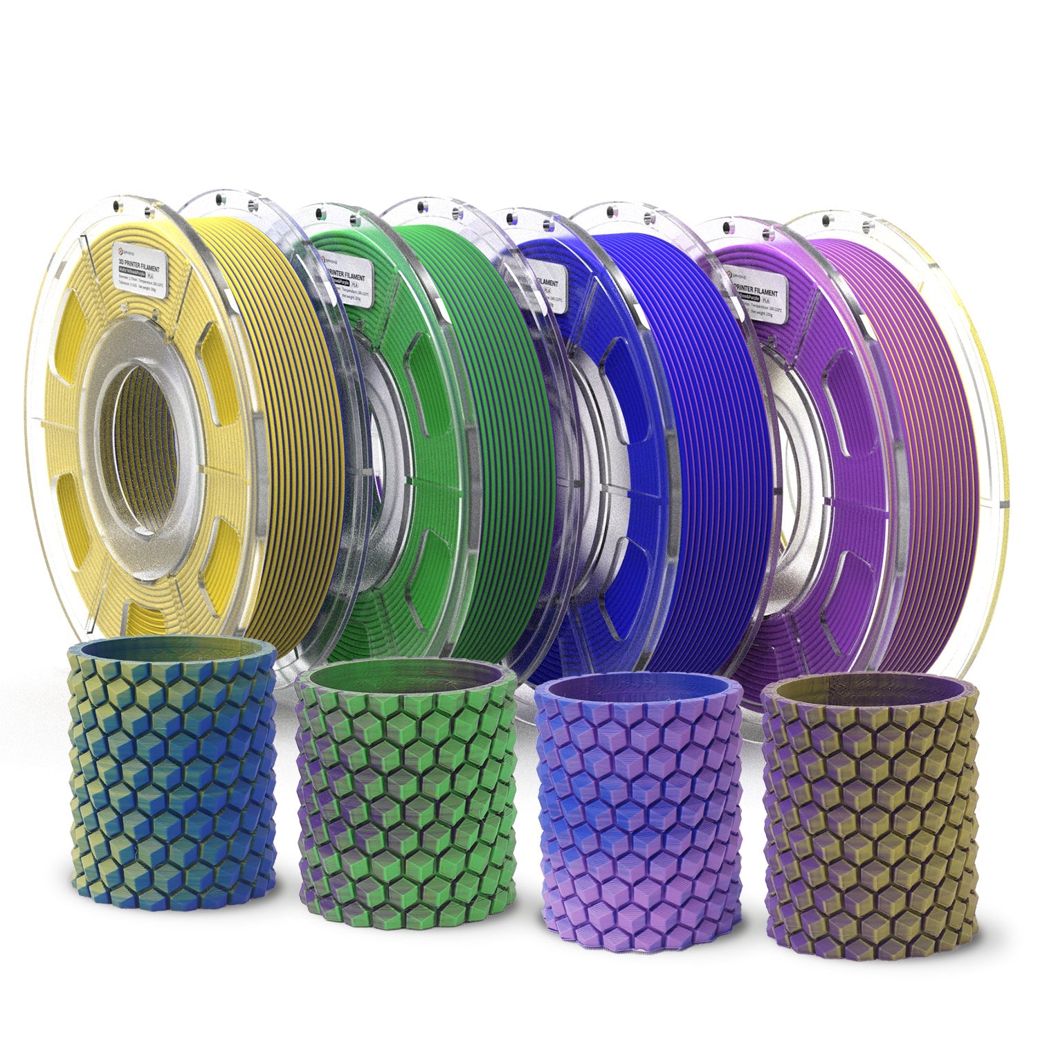 ERYONE 4ROTOLI/250g (totale 1KG/2.2LBS) Filamento PLA opaco a doppio colore da 1,75 mm, precisione +/- 0,03 mm (giallo/viola; blu&giallo; blu/viola; verde/viola)