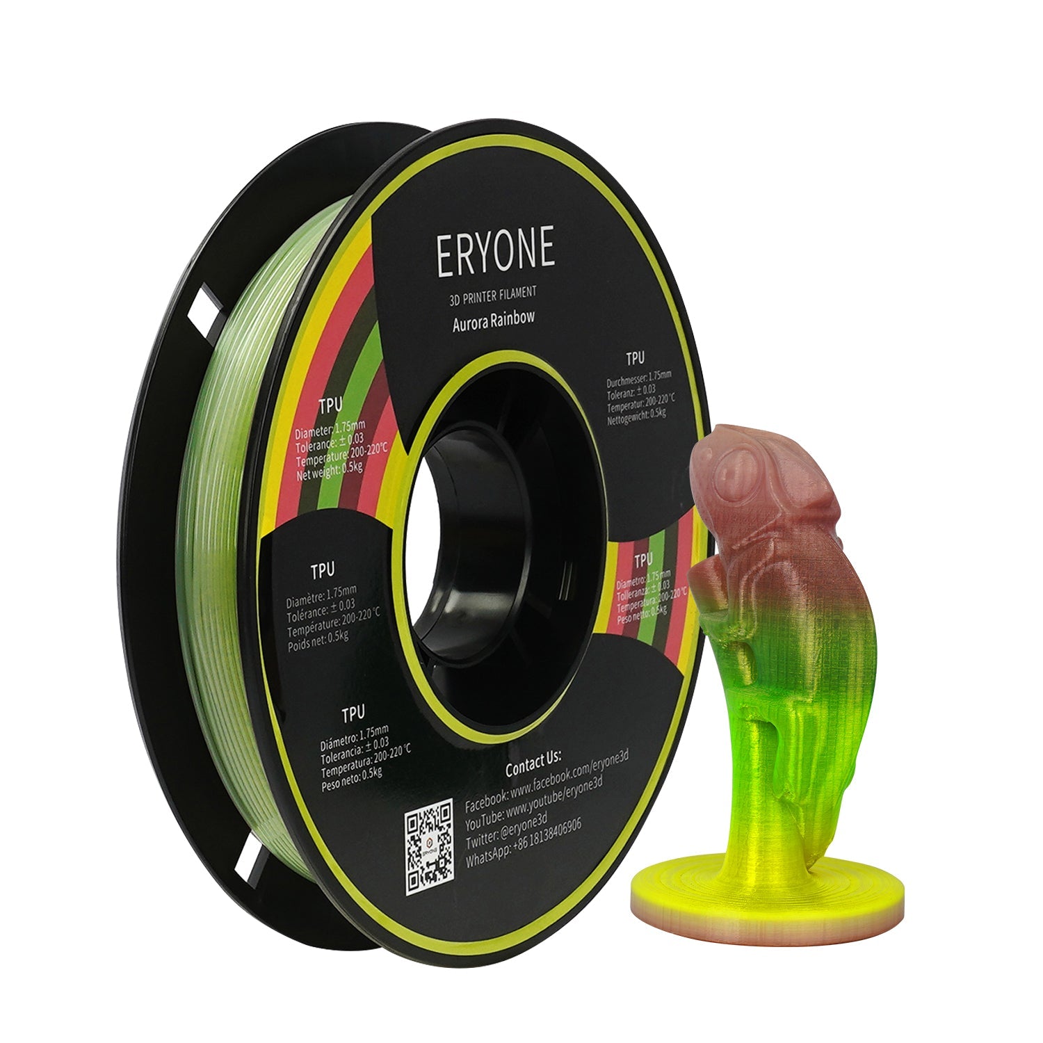 ERYONE Filamento per stampanti 3D in TPU arcobaleno da 1,75 mm, precisione dimensionale +/- 0,05 mm, 0,5 kg (1,1 LB) / bobina